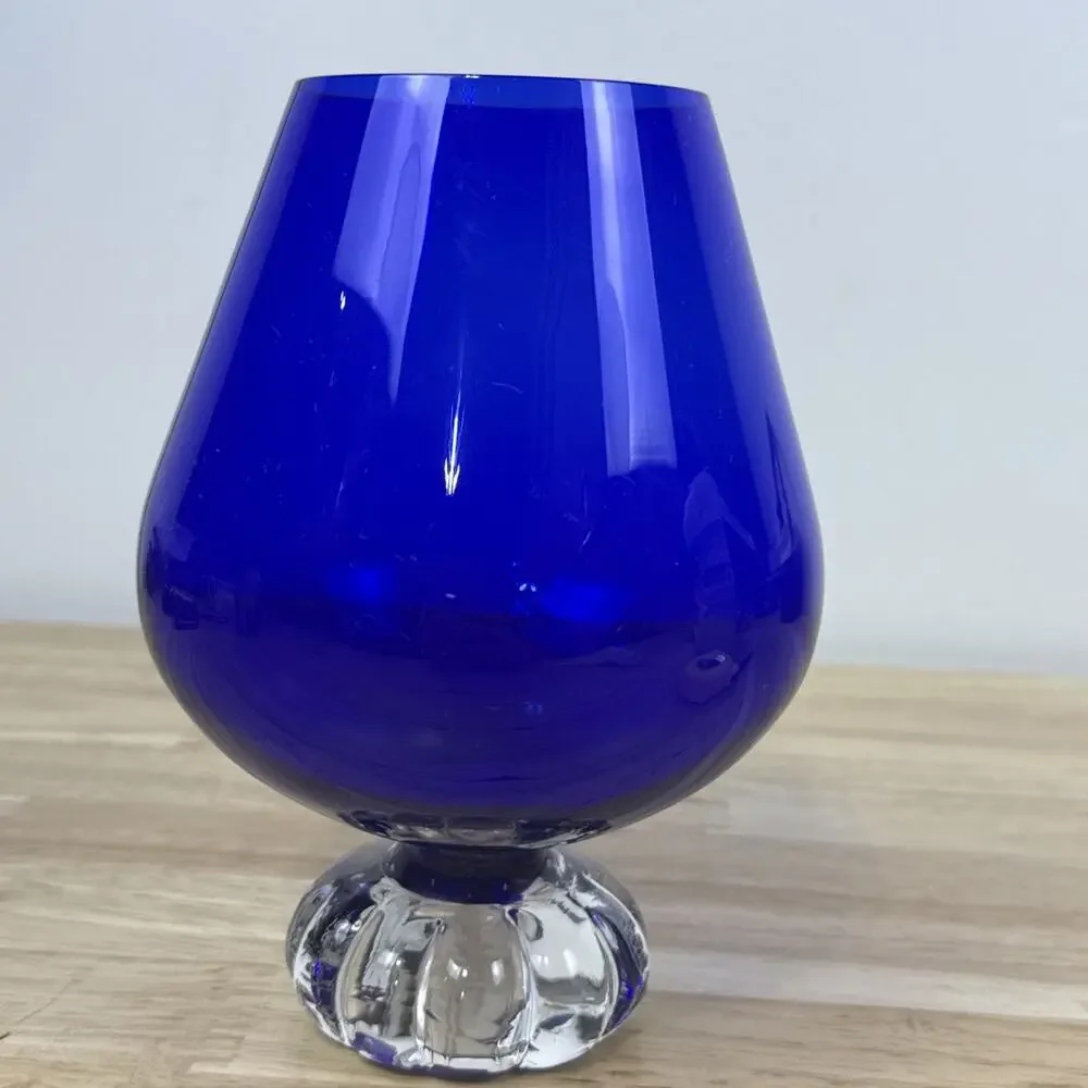 VTG Empoli Cobalt Blue Glass Snifter 7” Brandy Glass Vase Ribbed Pedestal Base